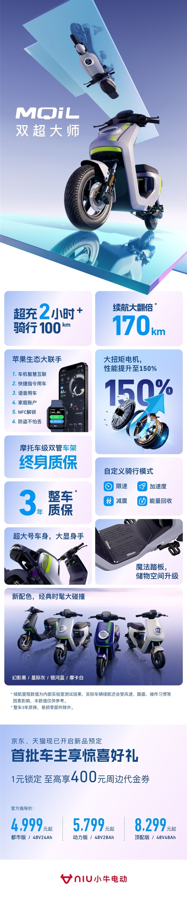 充电2小时骑行100公里！小牛mqil正式发布：8299元到手