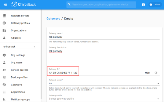 LoRaWAN® Network Server,Web界面首页,添加网关