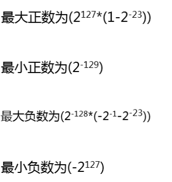 最大正数为(2127*(1-2-23))最小正数为(2-129)最大负数为(2-128*(-2-1-2-23))最小负数为(-2127)