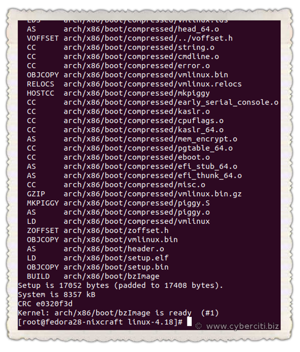 Linux kernel compiled and bzImage is ready