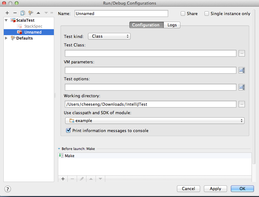 IntelliJ创建ScalaTest运行配置
