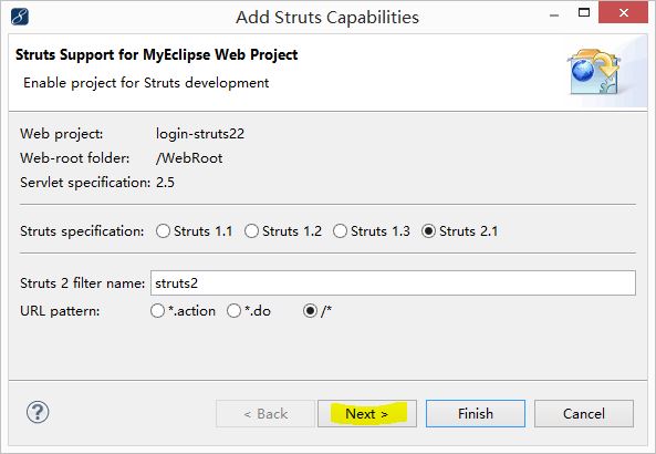 右键项目名称-->选择MyEclipse-->Add struts...