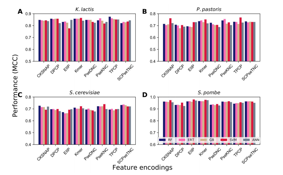 基于10倍交叉验证的四种酵母菌中，使用8种不同特征类型训练的不同分类器的性能比较。