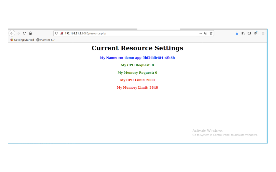Default Container Resources of the Test App