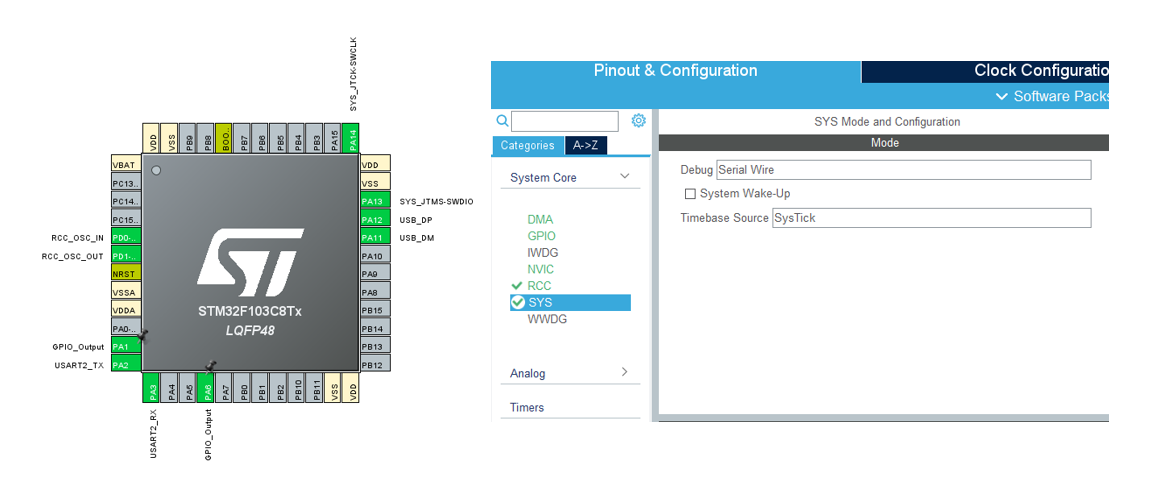 图2. Stm32CubeMx中Stm32F103C8的引脚和Debug设置