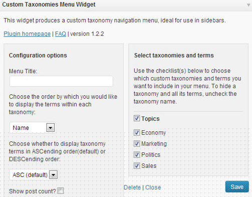 Showing Custom Taxonomies in Sidebar using Widget