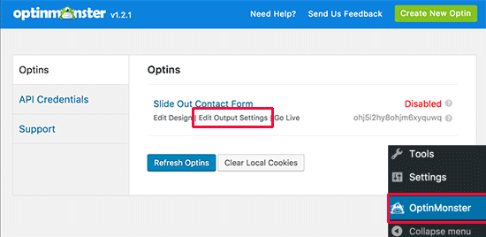 Edit optin output settings