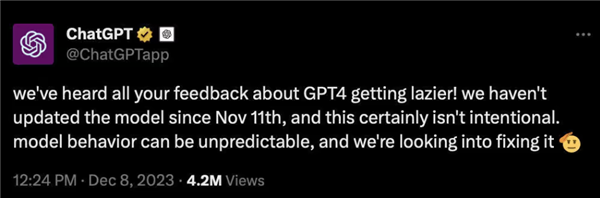 gpt4被曝变懒惰！openai承诺尽快修复：将进行离线评估和线上测试
