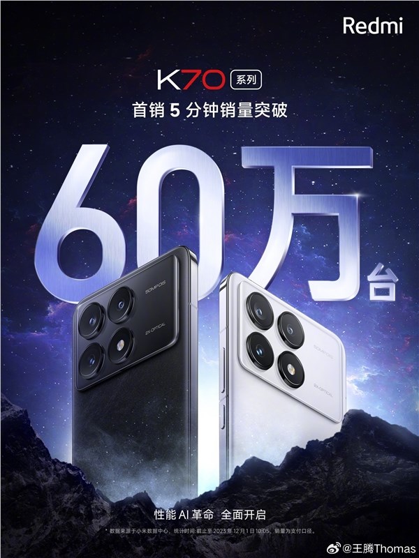 k系列史上最强！redmi k70系列首销战绩出炉：5分钟销量破60万