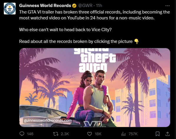 打破三项世界纪录!《gta6》首支预告片获吉尼斯认证