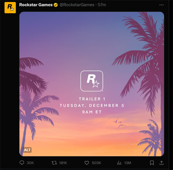 苦等10年！r星宣布《gta6》首部预告片12月5日发布：重返罪恶都市