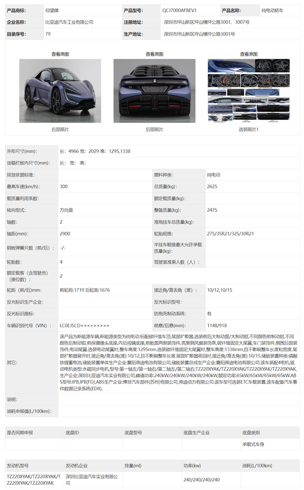 比亚迪百万超跑！仰望u9申报信息公示：四电机超1300匹马力