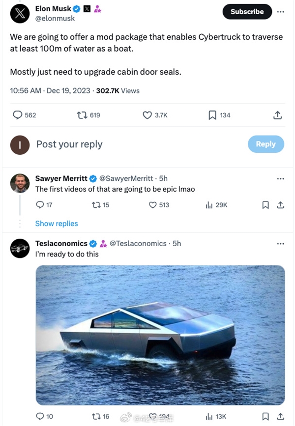 马斯克:特斯拉cybertruck可以当船开、可横渡100米宽水域