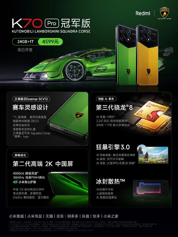 首次联名兰博基尼！redmi k70 pro冠军版开售：4599元限量卖