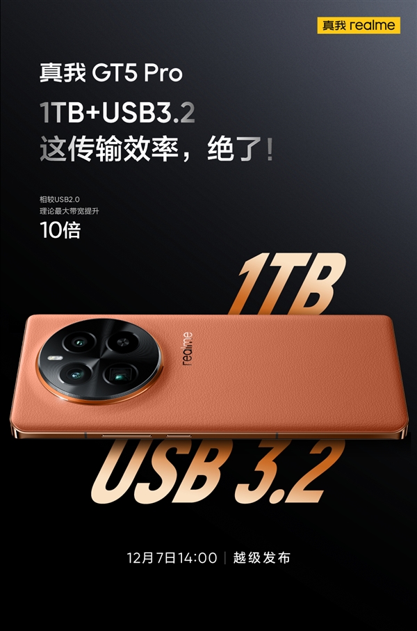 一步到位！真我gt5 pro升级usb 3.2 1tb：速度快10倍