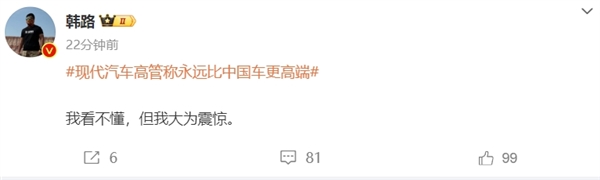 现代汽车高管称永远比中国车更高端 车圈大v：我看不懂 但我大为震惊