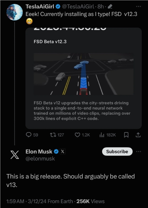 特斯拉fsd 12.3 beta今日更新 马斯克：将是一次“重大发布”