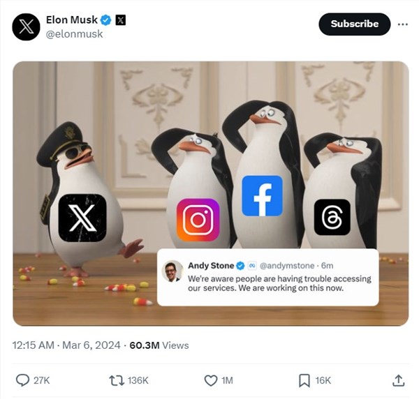 facebook和instagram全球死机：马斯克配图调侃“友商”