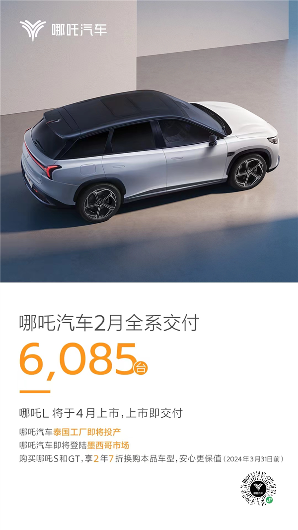 哪吒汽车2月交付6085台 累计近40万台 首搭360 gpt的哪吒l来了