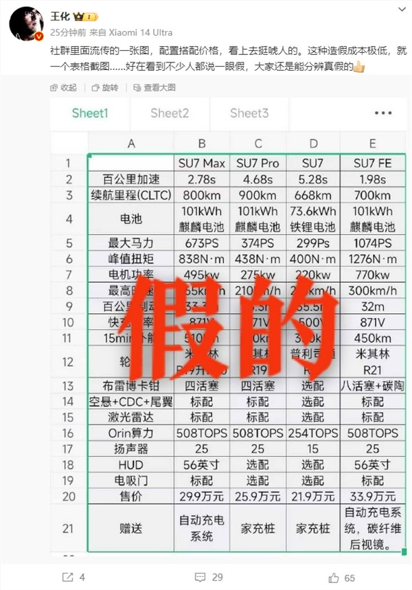 小米su7 配置价格图曝光 官方辟谣:很唬人、一眼假
