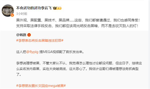 李想长文回应mega被黑 比亚迪李云飞：感同身受 支持维权！