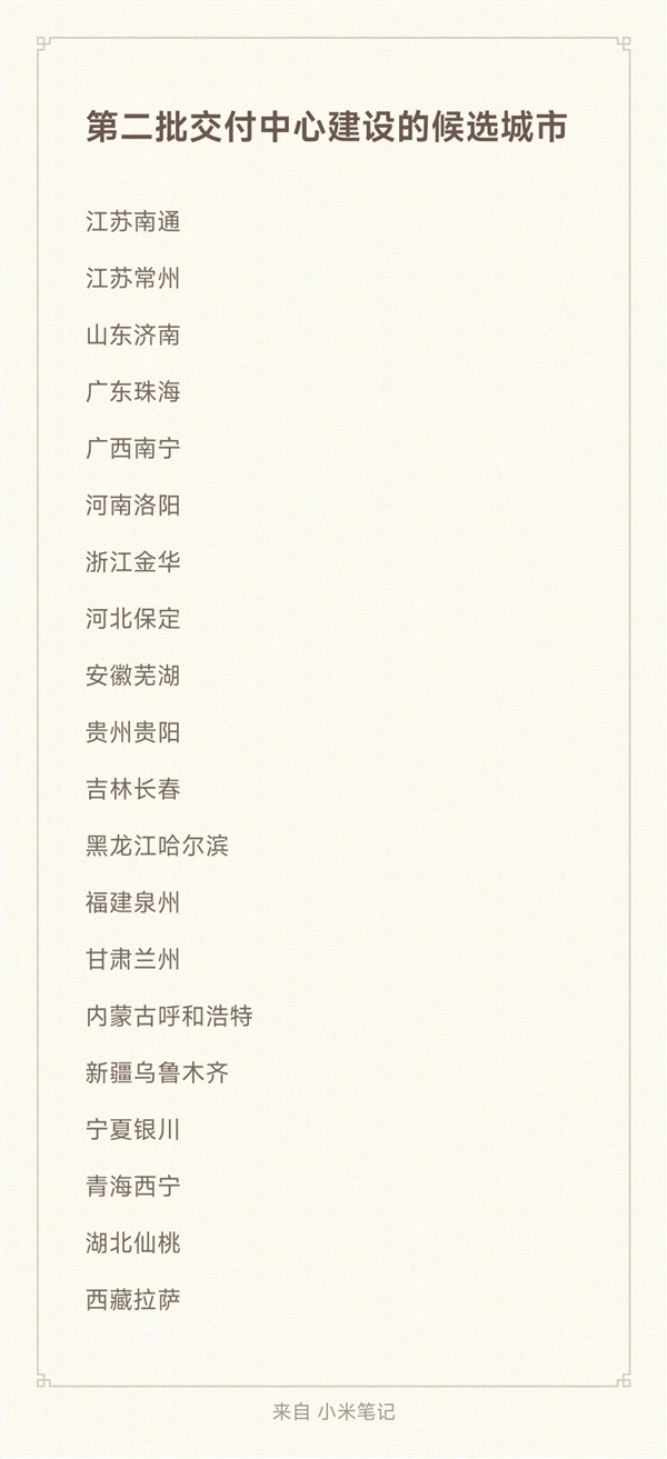 雷军公布第二批小米汽车交付中心候选名单：网友投票选出10个城市