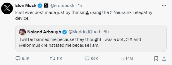 脑机接口首位受试者用意念在x上发帖！马斯克转发回应