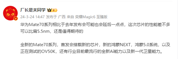 华为mate 70细节曝光！芯片性能比肩5.5nm、新鸿蒙5.0系统