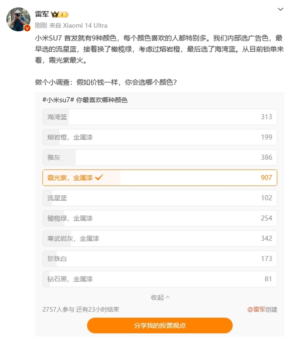 雷军:小米su7首发9种配色 霞光紫最受欢迎