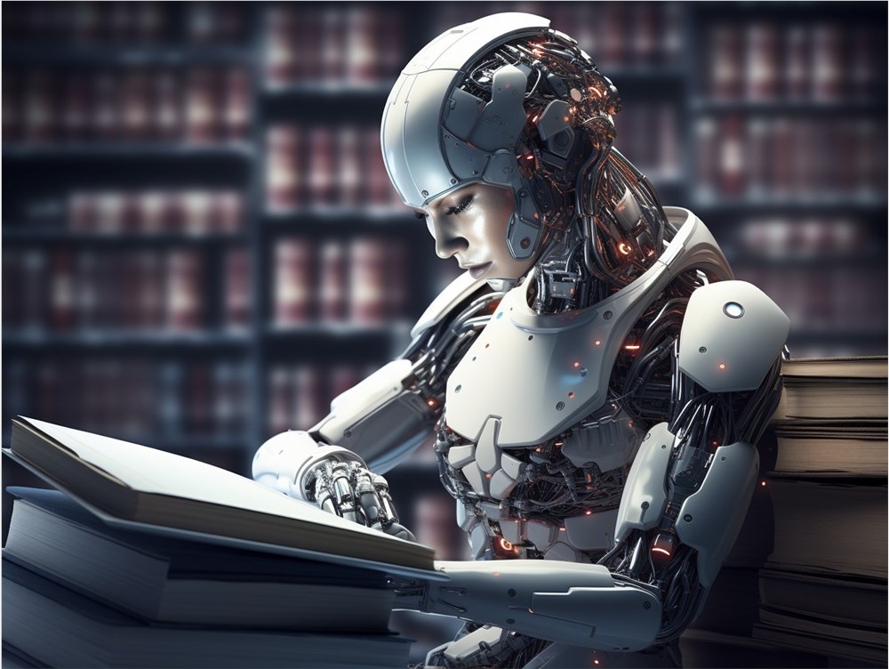 机器人阅读读书 (图片来源:ai合成) 机器人阅读读书