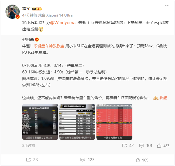 最快中国车！小米su7赛道成绩出炉：圈速1:09.99