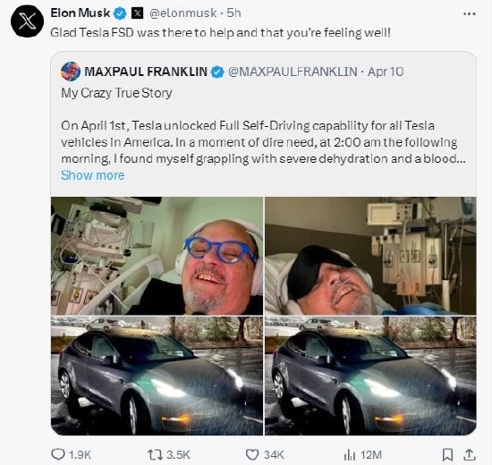 特斯拉自动驾驶21公里救下车主！马斯克：很高兴fsd能够帮到你