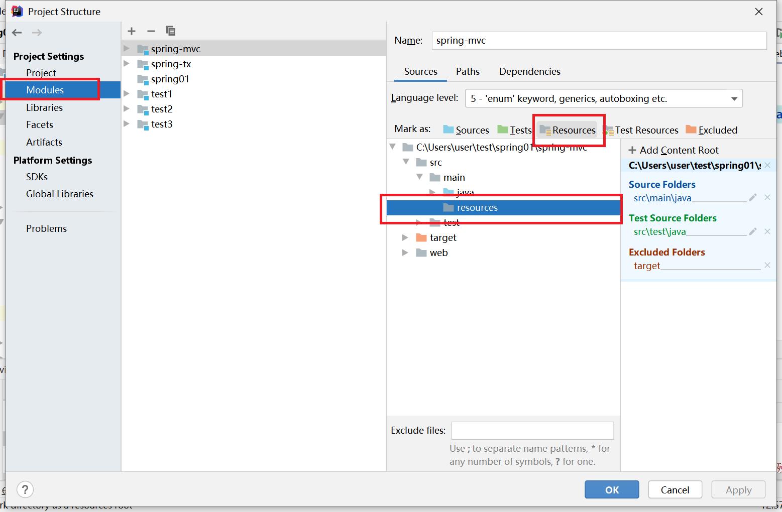 还是鼠标右键点击model名，选择Open Model Settings,打开我们的模块设置，选择Modules菜单，选择出错的模块，右方会出现我们的项目目录，鼠标光标点击到我们的resources文件夹，然后点击上面的Resources按钮就发现我们的文件夹也添加上了那个小图标