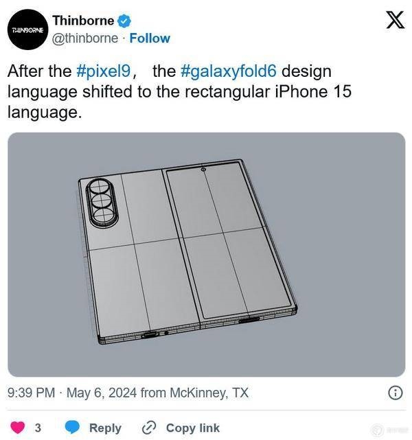 三星galaxy z fold6渲染图出炉：整机更方正硬朗