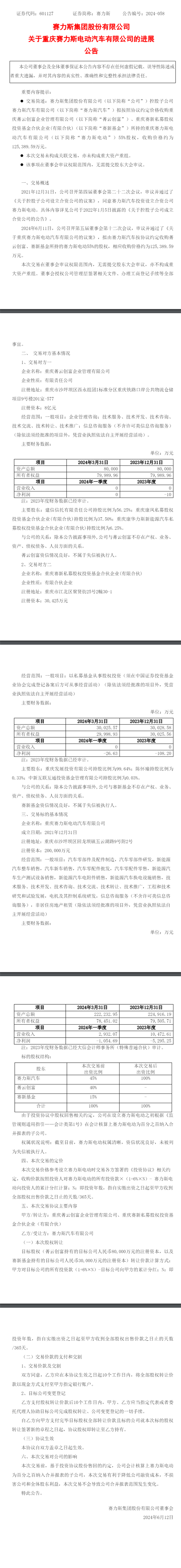 有钱了!赛力斯汽车拟收购赛力斯电动剩余55%股权:报价12.54亿