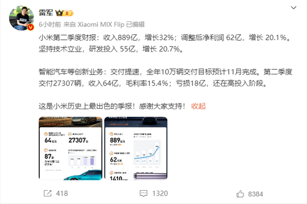 小米卖一辆车亏6万多 雷军回应:造车很苦 但成功一定很酷