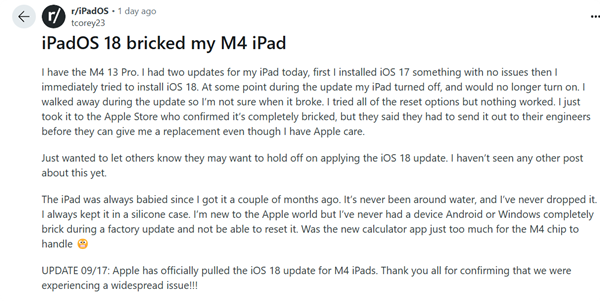 苹果ipados 18更新翻车！m4版ipad pro升级黑屏变砖