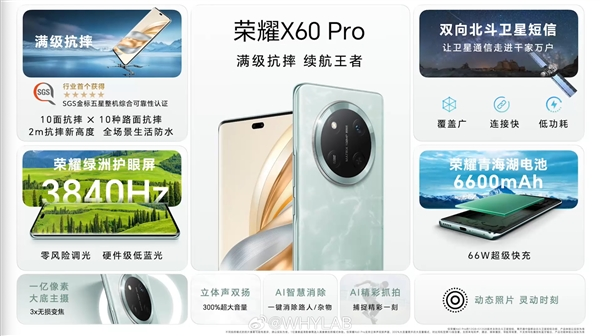 荣耀x60 pro正式发布：同档唯一支持卫星通信的手机 售价1499元起