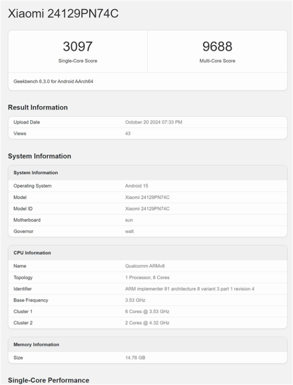 小米15现身跑分网站：多核性能超越a18 pro