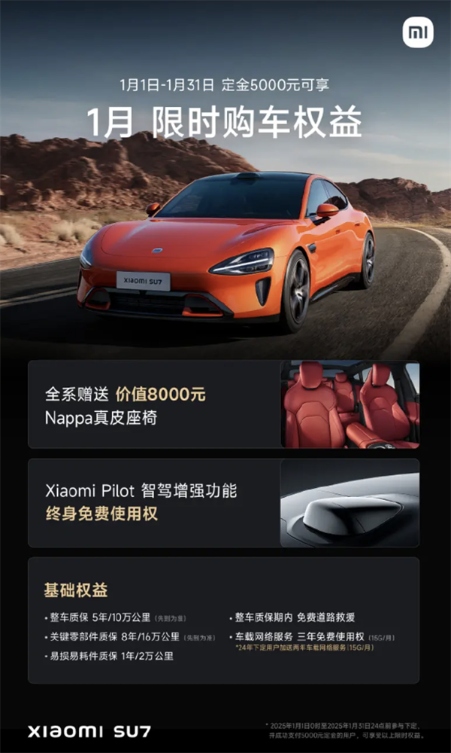 小米su7发布2025年1月限时购车权益：下订即享免费增强智驾等功能