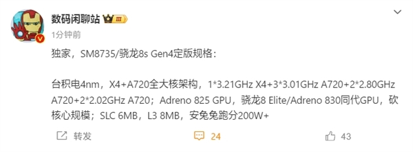 高通骁龙8s Gen4定版：4nm全大核 跑分破200万