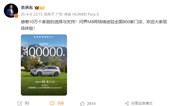 问界M8车型预订订单累计超10万台 余承东：感谢10万个家庭支持