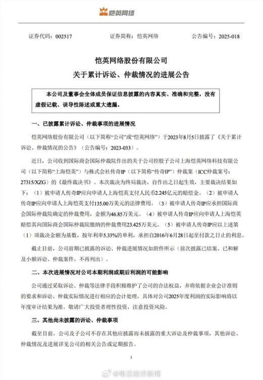 十年纠纷尘埃落定：传奇IP需向恺英网络累计赔偿超3.41亿