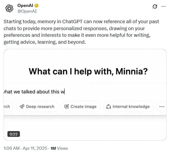 ChatGPT终于发布长期记忆功能，开启个人Agent时代