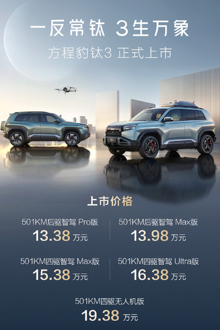 年轻人第一台纯电硬派系SUV！方程豹钛3正式上市：13.38万起