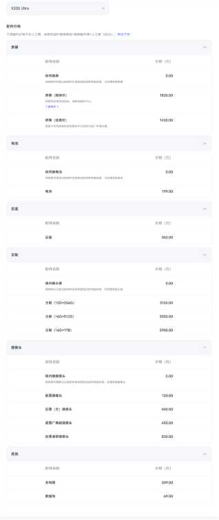 vivo X200 Ultra维修备件价格公布：2亿像素潜望820元 屏幕优惠价1420元