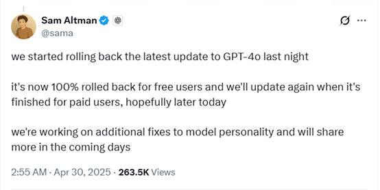 OpenAI紧急修复GPT-4o献媚问题，已回滚到老版本
