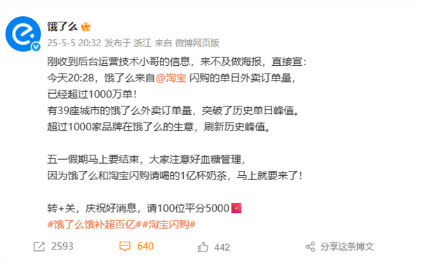 饿了么宣布淘宝闪购单日外卖订单量突破1000万：39城创造历史