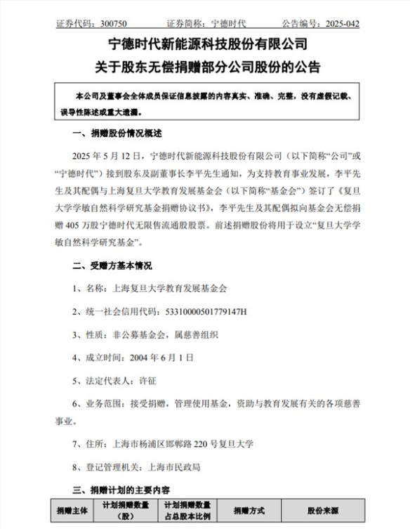 复旦大学获赠宁德时代1‰市值股票 价值超10亿