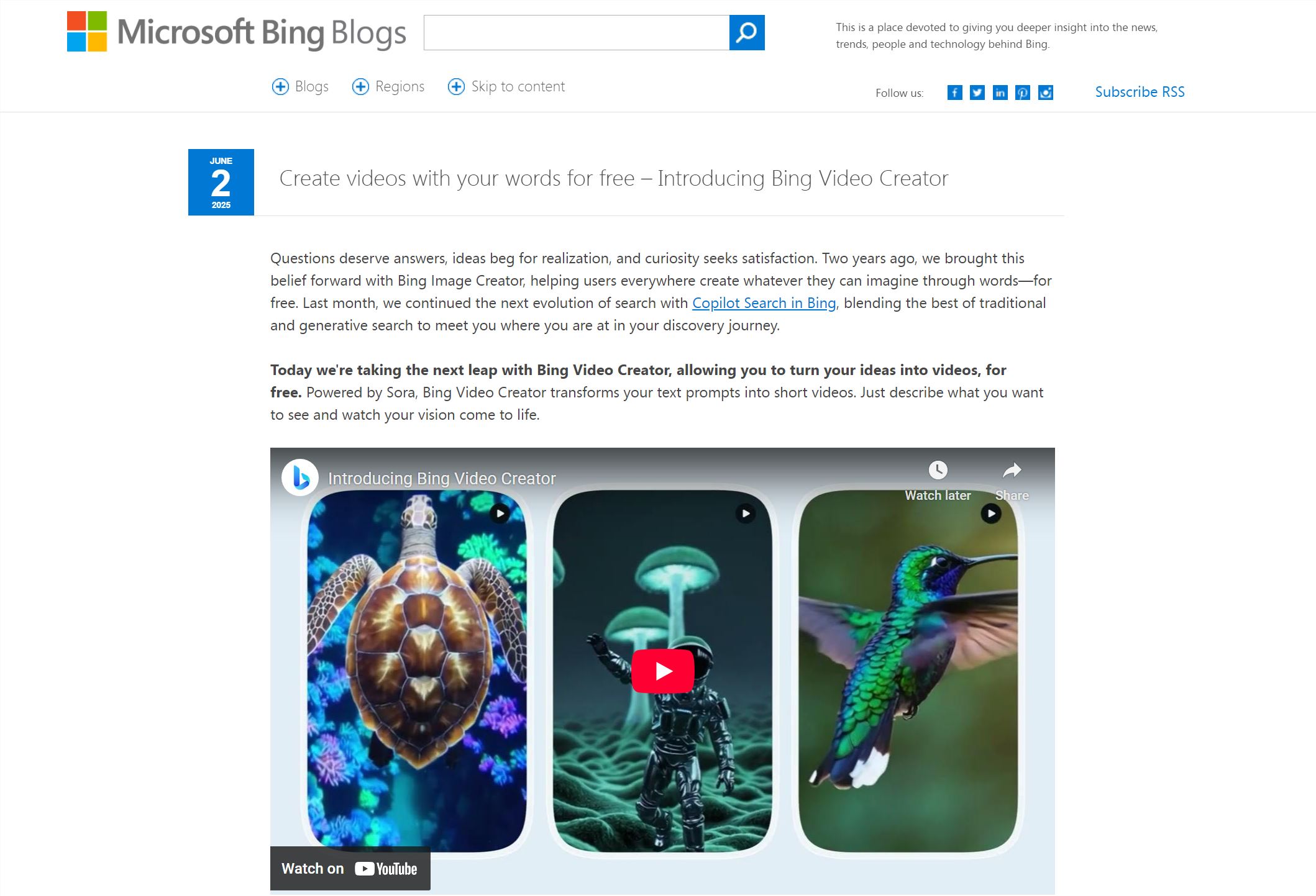 必应引入OpenAI的Sora视频生成器，完全免费使用